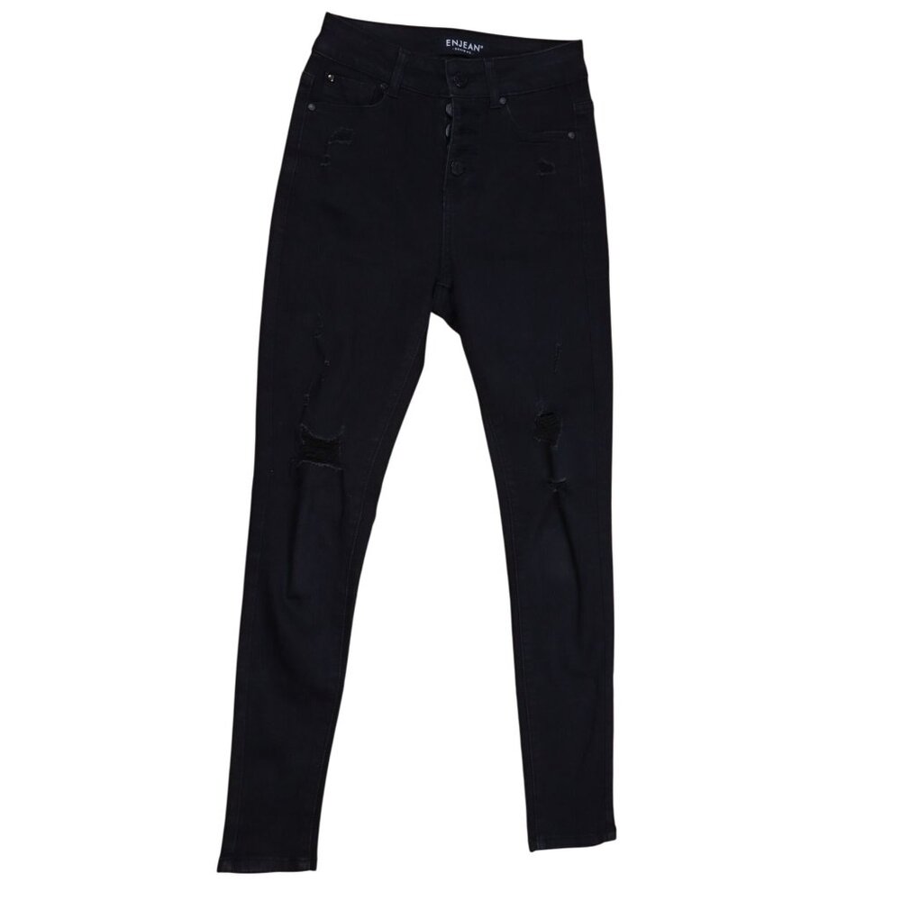 Enjean High-Rise Black Skinny Jeans – Button Fly, Distressed – Size 0